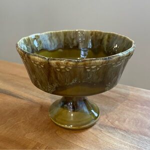 Vintage California USA Pottery 6" Pedestal Bowl Green Drip 6 x 7 MCM Midcentury